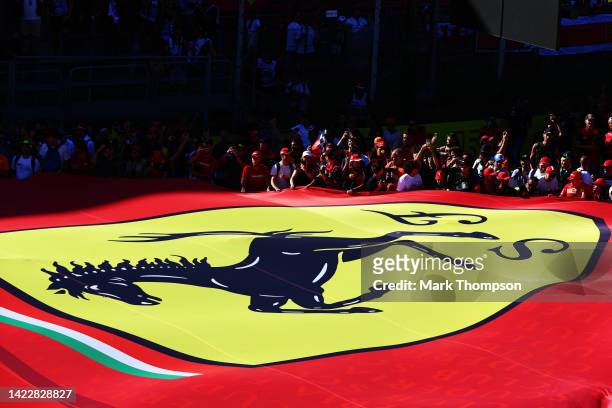 Ferrari fans show their support with a banner during the F1 Grand Prix of Italy at Autodromo Nazionale Monza on September 11, 2022 in Monza, Italy.