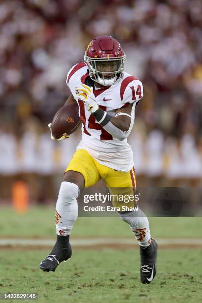 Raleek Brown of the USC Trojans in action against the Stanford Cardinal at Stanford Stadium on September 10, 2022 in Stanford, California.