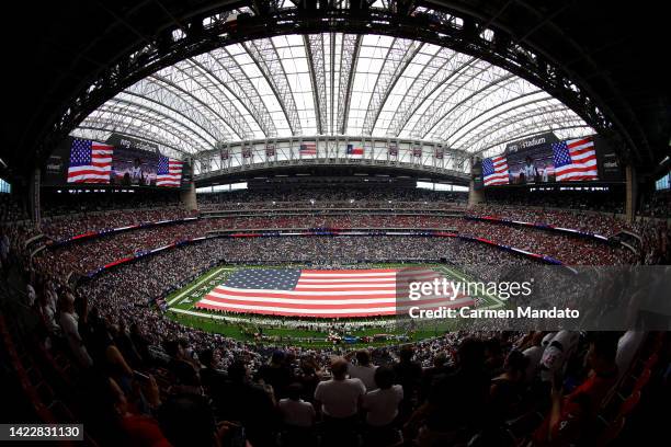 General view during the national anthem prior to the game between the Indianapolis Colts and the Houston Texans at NRG Stadium on September 11, 2022...