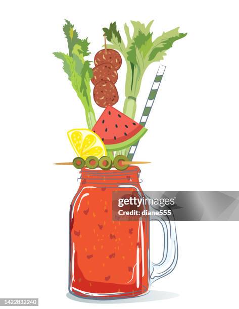 caesar mixgetränk mit speisengarnituren - vegetable juice stock-grafiken, -clipart, -cartoons und -symbole