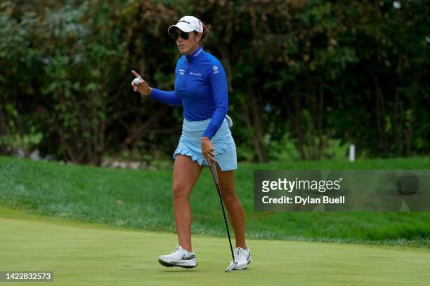 Maria Fassi of Mexico reacts after making birdie on the 12th green during the final round of the Kroger Queen City Championship presented by P&G at...
