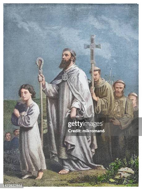 old engraved illustration of saint patrick journeying to tara to convert the irish to christianity in the 5th century ad - journey logo stock pictures, royalty-free photos & images