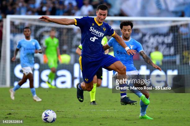 Felipe Anderson of SS Lazio compete for the ball withDiego Coppola of Hellas Verona during the Serie A match between SS Lazio and Hellas Verona at...