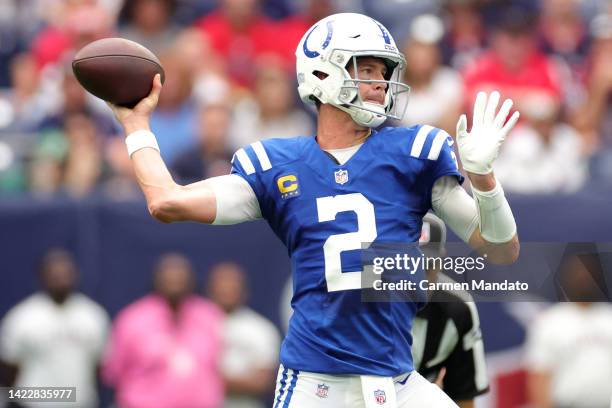 Matt Ryan of the Indianapolis Colts throws a pass during the first quarter against the Houston Texans at NRG Stadium on September 11, 2022 in...