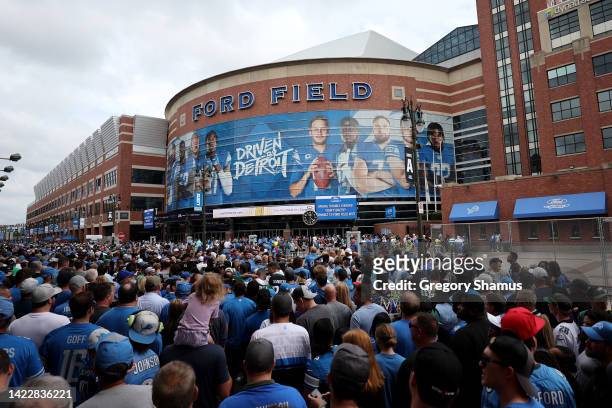 General view as fans walk outside Ford Field before the game between the Philadelphia Eagles and the Detroit Lions on September 11, 2022 in Detroit,...