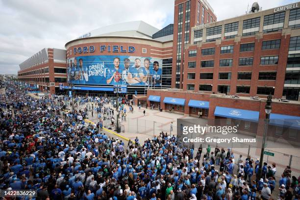 General view as fans walk outside Ford Field before the game between the Philadelphia Eagles and the Detroit Lions on September 11, 2022 in Detroit,...