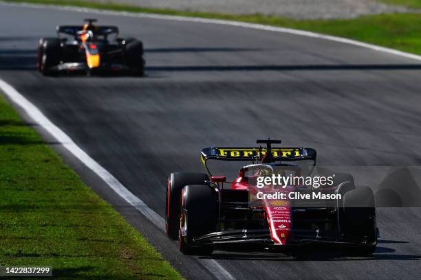 Charles Leclerc of Monaco driving the Ferrari F1-75 on track during the F1 Grand Prix of Italy at Autodromo Nazionale Monza on September 11, 2022 in...