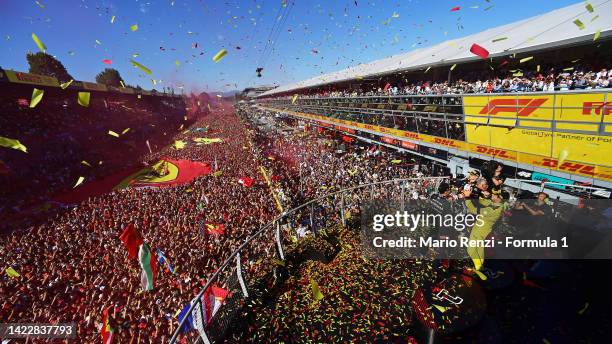 General view as Second placed Charles Leclerc of Monaco and Ferrari celebrates on the podium during the F1 Grand Prix of Italy at Autodromo Nazionale...