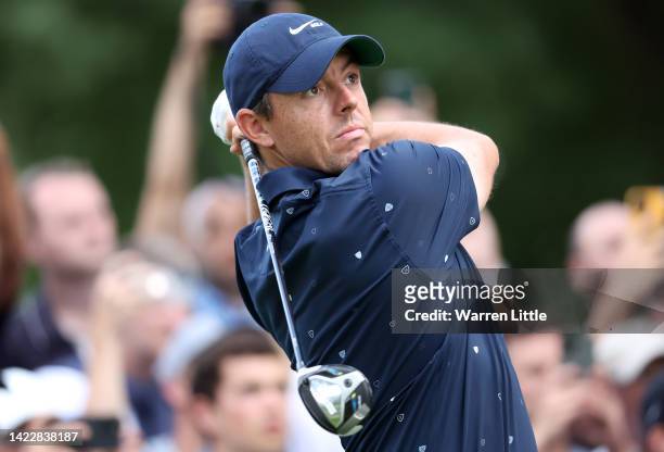 Rory McIlroy of Northern Ireland tees off on the 9th hole during Round Three on Day Four of the BMW PGA Championship at Wentworth Golf Club on...