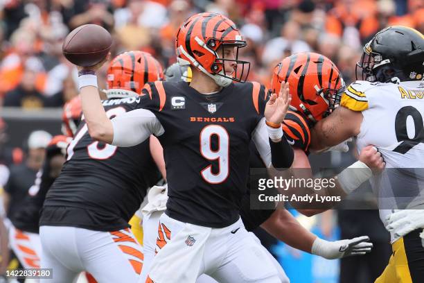 Quarterback Joe Burrow of the Cincinnati Bengals attempts a pass against the Pittsburgh Steelers during the first half at Paycor Stadium on September...