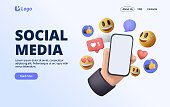 Social media marketing. SMM communicating with audience in social media and using marketing strategy to increase followers. Digital marketing and media concept. 3D render hand holding phone Vector