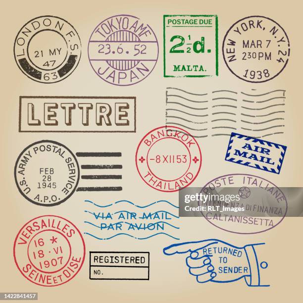 vintage world poststempel und postzähler - luftpost stock-grafiken, -clipart, -cartoons und -symbole