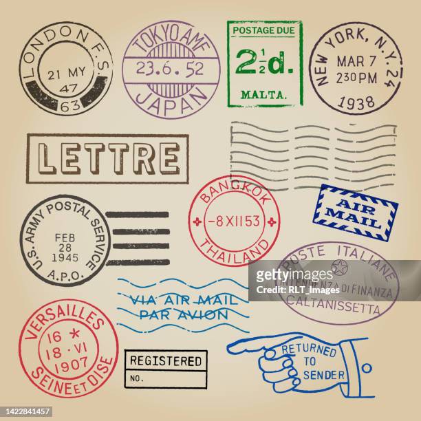 bildbanksillustrationer, clip art samt tecknat material och ikoner med vintage world postmarks and postal meters - returnera