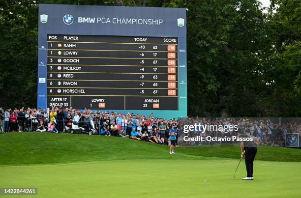 Shane Lowry of Ireland plays his third shot on the 18th hole during Day Four of the BMW PGA Championship at Wentworth Golf Club on September 11, 2022...