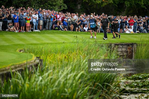 Shane Lowry of Ireland walks on the 18th hole during Day Four of the BMW PGA Championship at Wentworth Golf Club on September 11, 2022 in Virginia...