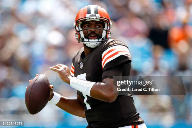 Jacoby Brissett of the Cleveland Browns looks to pass during the first half against the Carolina Panthers at Bank of America Stadium on September 11,...