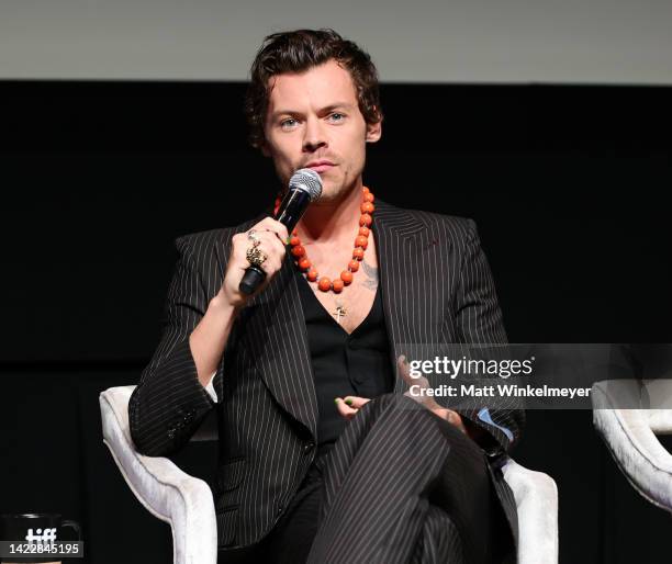 Harry Styles speaks onstage at the "My Policeman" Press Conference during the 2022 Toronto International Film Festival at TIFF Bell Lightbox on...