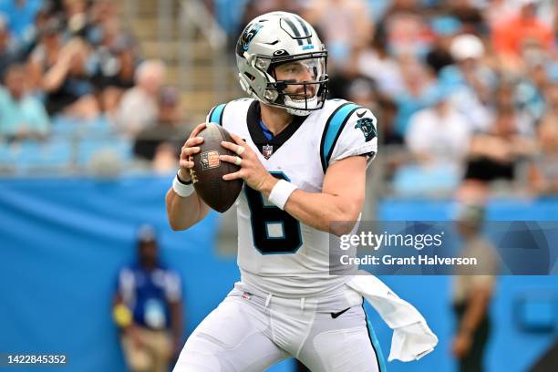Baker Mayfield of the Carolina Panthers looks to pass during the first half against the Cleveland Browns at Bank of America Stadium on September 11,...
