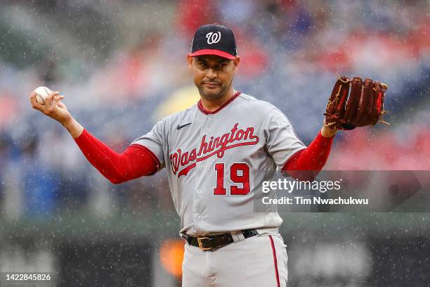 Anibal Sanchez of the Washington Nationals reacts during the second inning against the Philadelphia Phillies at Citizens Bank Park on September 11,...