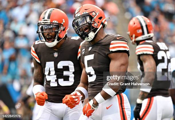 Anthony Walker Jr. #5 of the Cleveland Browns celebrates after a tackle for loss during the first half against the Carolina Panthers at Bank of...