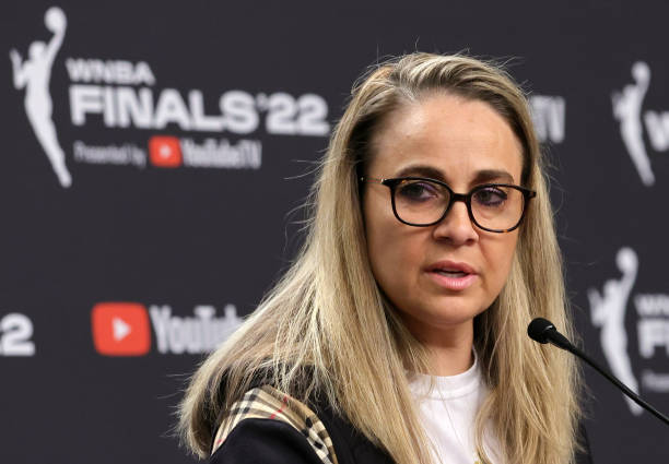Head coach Becky Hammon of the Las Vegas Aces speaks during a news conference before Game One of the 2022 WNBA Playoffs finals against the...