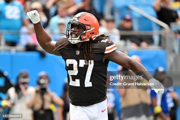 Kareem Hunt of the Cleveland Browns celebrates scoring a touchdown during the second quarter against the Carolina Panthers at Bank of America Stadium...