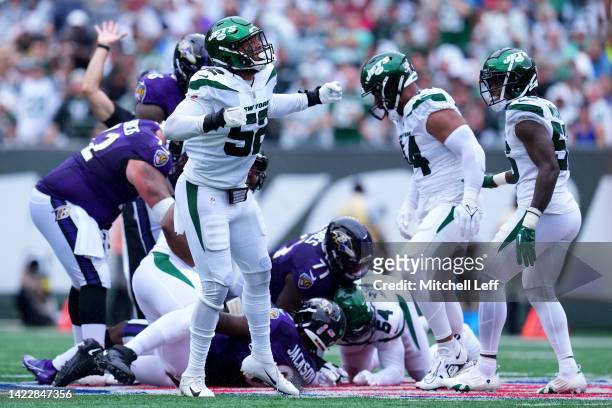 Jermaine Johnson of the New York Jets reacts after a sack in the second quarter of the game at MetLife Stadium on September 11, 2022 in East...