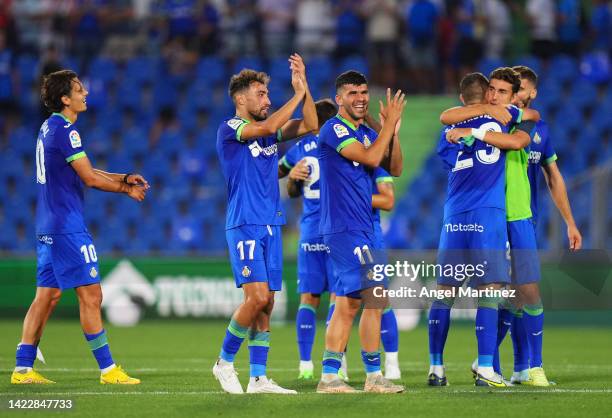 Carles Alena of Getafe CF celebrates victory with teammates following the LaLiga Santander match between Getafe CF and Real Sociedad at Coliseum...