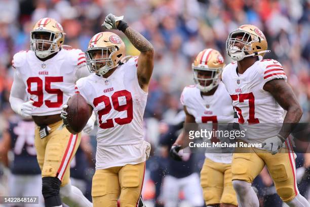 Talanoa Hufanga of the San Francisco 49ers celebrates after intercepting a pass from Justin Fields of the Chicago Bears during the first quarter at...