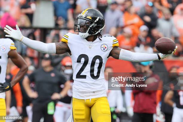 Cornerback Cameron Sutton of the Pittsburgh Steelers celebrates after an interception during the second quarter against the Cincinnati Bengals at...