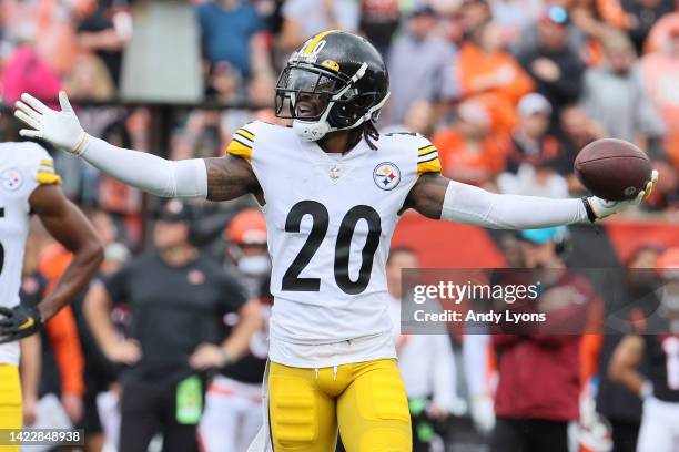 Cornerback Cameron Sutton of the Pittsburgh Steelers celebrates after an interception during the second quarter against the Cincinnati Bengals at...