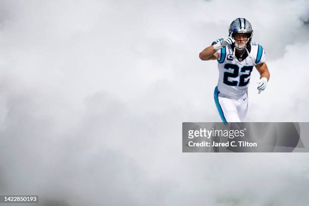 Christian McCaffrey of the Carolina Panthers takes the field prior to the game against the Cleveland Browns at Bank of America Stadium on September...