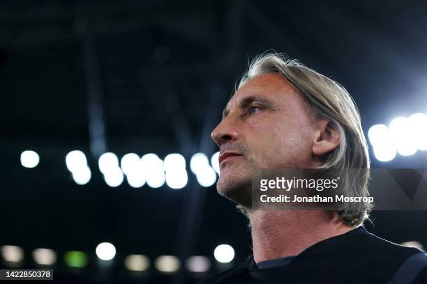 Davide Nicola, Head Coach of Salernitana looks on prior to the Serie A match between Juventus and Salernitana at on September 11, 2022 in Turin,...