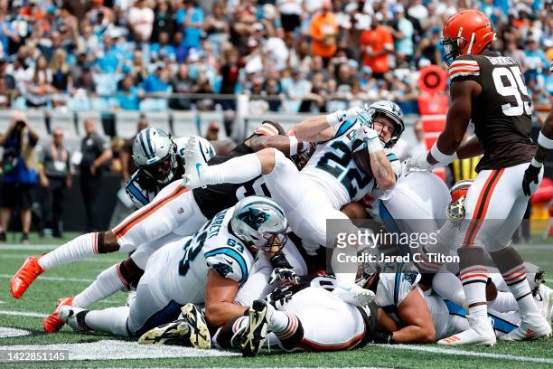 Christian McCaffrey of the Carolina Panthers scores a touchdown during the second quarter against the Cleveland Browns at Bank of America Stadium on...