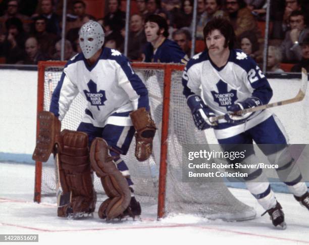 Jacques Plante and Dave Fortier of the Toronto Maple Leafs circa 1980 in New York, New York.