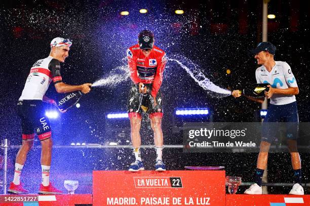 Juan Ayuso Pesquera of Spain and UAE Team Emirates on third place, race winner Remco Evenepoel of Belgium and Team Quick-Step - Alpha Vinyl - Red...