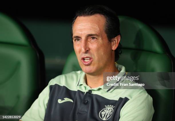 Unai Emery, Head Coach of Villarreal CF looks on prior to the LaLiga Santander match between Real Betis and Villarreal CF at Estadio Benito...