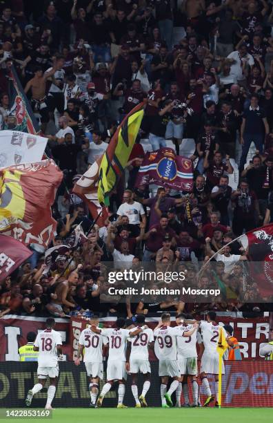 Antonio Candreva of Salernitana celebrates with teammates after scoring their team's first goal during the Serie A match between Juventus and...