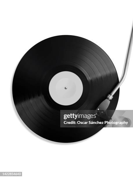 top view of black 12 inch vinyl record - leitor de cd portátil imagens e fotografias de stock