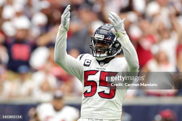 Jerry Hughes of the Houston Texans reacts during the first half against the Indianapolis Colts at NRG Stadium on September 11, 2022 in Houston, Texas.