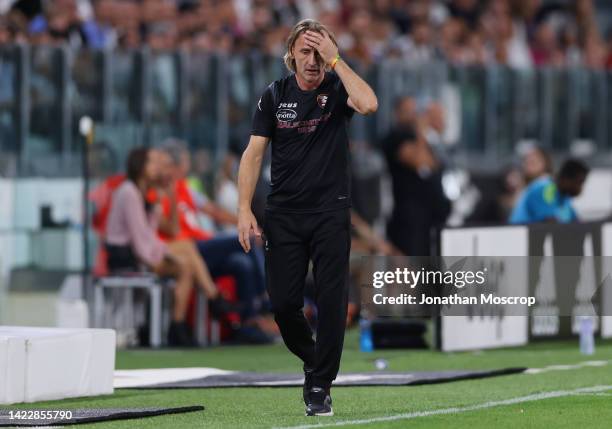 Davide Nicola, Head Coach of Salernitana reacts during the Serie A match between Juventus and Salernitana at on September 11, 2022 in Turin, Italy.