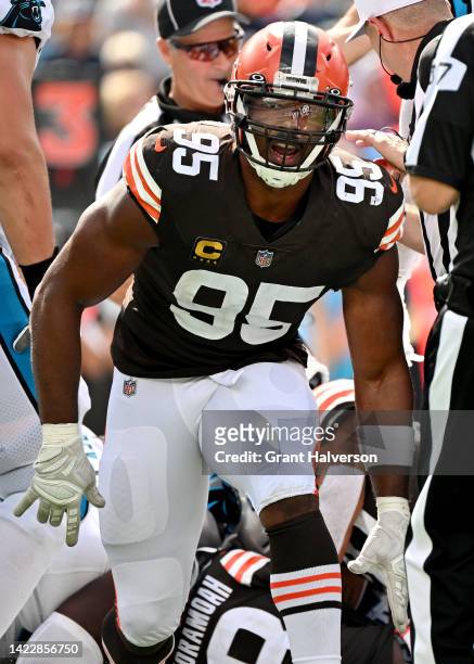 Myles Garrett of the Cleveland Browns reacts after sacking Baker Mayfield of the Carolina Panthers during the third quarter at Bank of America...