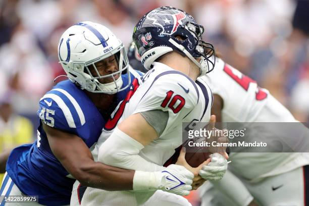 Speed of the Indianapolis Colts sacks Davis Mills of the Houston Texans during the fourth quarter at NRG Stadium on September 11, 2022 in Houston,...