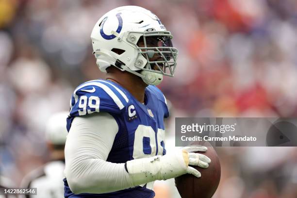 DeForest Buckner of the Indianapolis Colts recovers a fumble during the fourth quarter against the Houston Texans at NRG Stadium on September 11,...
