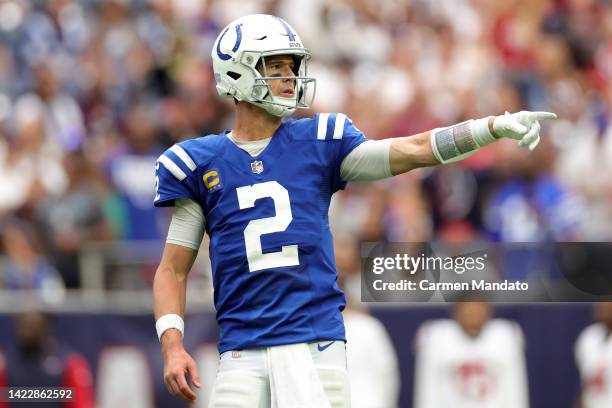 Matt Ryan of the Indianapolis Colts gestures during the fourth quarter against the Houston Texans at NRG Stadium on September 11, 2022 in Houston,...