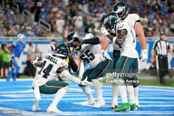 Kenneth Gainwell of the Philadelphia Eagles, Lane Johnson of the Philadelphia Eagles, & A.J. Brown of the Philadelphia Eagles celebrate a touchdown...