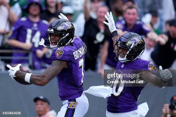 Rashod Bateman of the Baltimore Ravens celebrates a touchdown alongside Demarcus Robinson of the Baltimore Ravens in the third quarter of the game at...