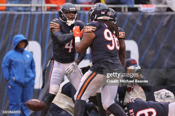 Safety Eddie Jackson of the Chicago Bears celebrates with defensive tackle Armon Watts of the Chicago Bears after an interception during the fourth...