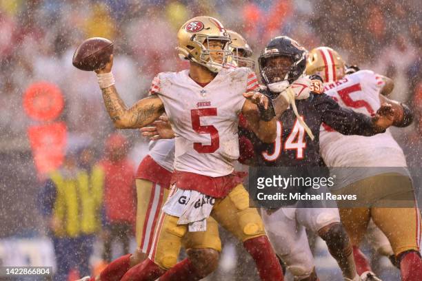 Quarterback Trey Lance of the San Francisco 49ers attempts a pass during the second half against the Chicago Bears at Soldier Field on September 11,...