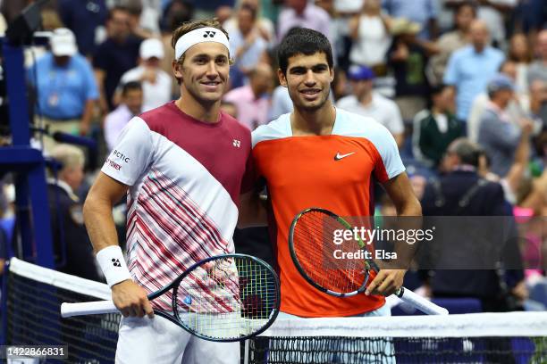 Casper Ruud of Norway and Carlos Alcaraz of Spain pose for a picture prior to their Men’s Singles Final match on Day Fourteen of the 2022 US Open at...